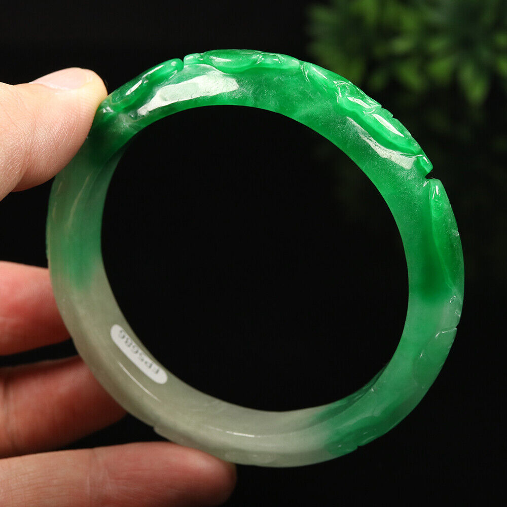 VINTAGE XL Jadeite Green/White Handcarved Bat Ruyi Lotus Jade Bangle - Ombré Jade Shades “As You Wish” Size 64mm F425 - JazzyJewelbyAmina
