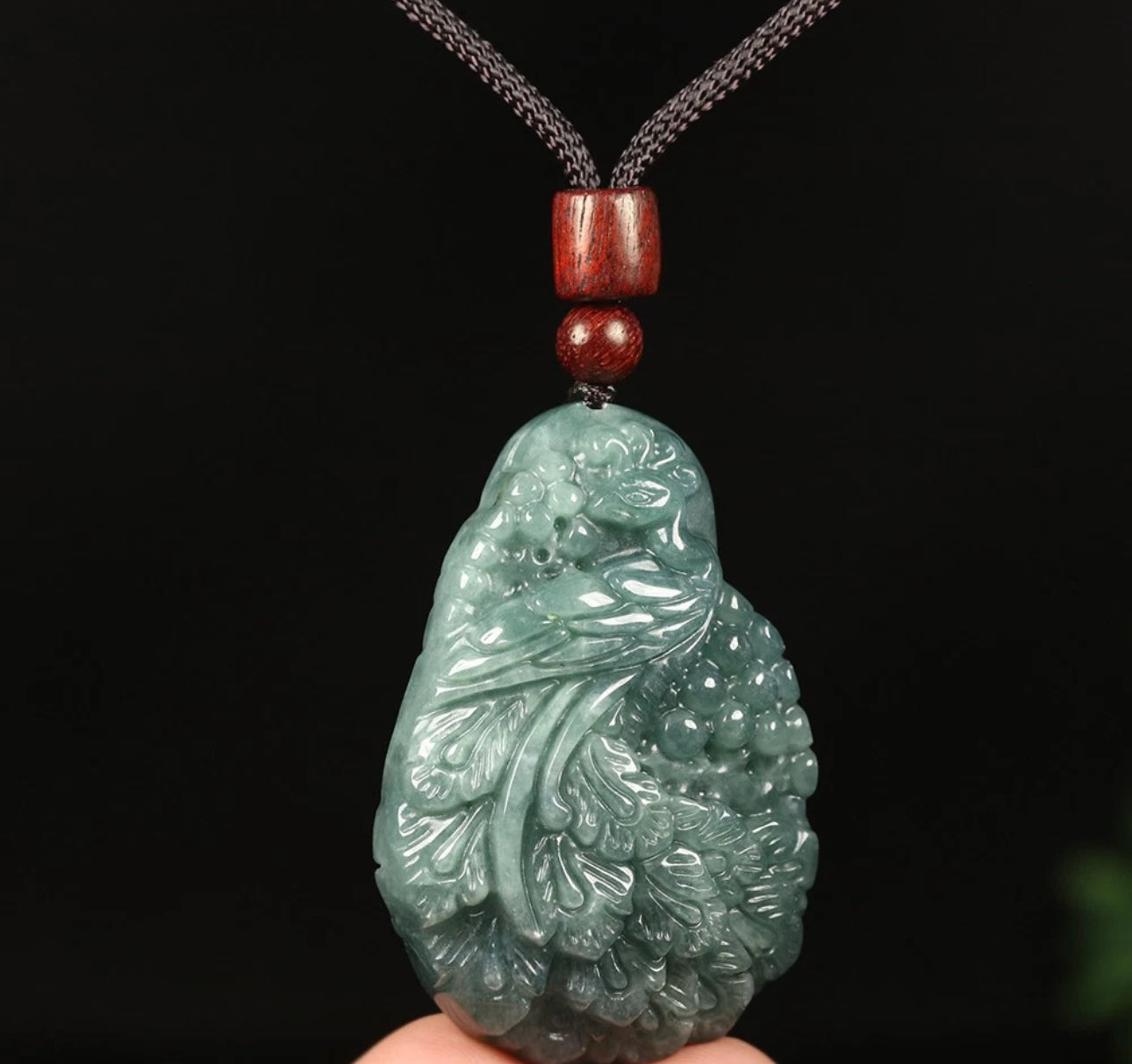 VINTAGE Certified Jadeite Green Jade Peacock Pendant w/ Adjustable Chord G270 - JazzyJewelbyAmina