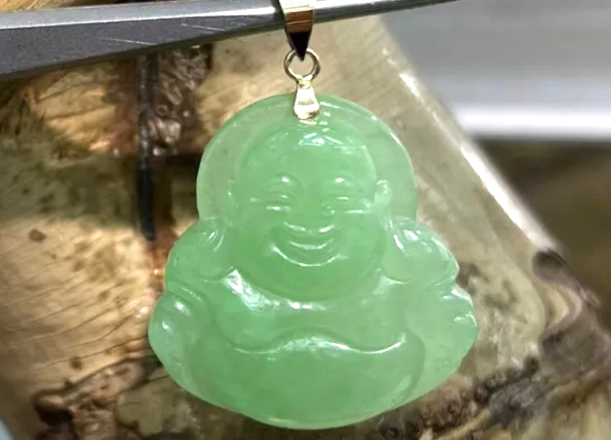 VINTAGE 14K Yellow Gold (Bail) Jadeite Green Jade Smiling Buddha for Good Luck New Year! D1230 - JazzyJewelbyAmina