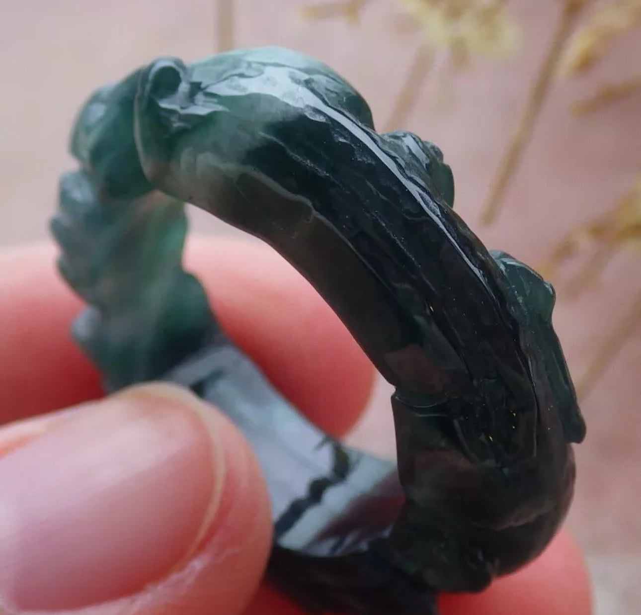 VINTAGE Large Jadeite Green Jade Ring Hand Carved Dragon Certified Jade Size 10 - JazzyJewelbyAmina