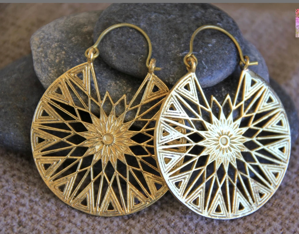 Boho Gold Brass Round Mandala Earrings Large Round - JazzyJewelbyAmina