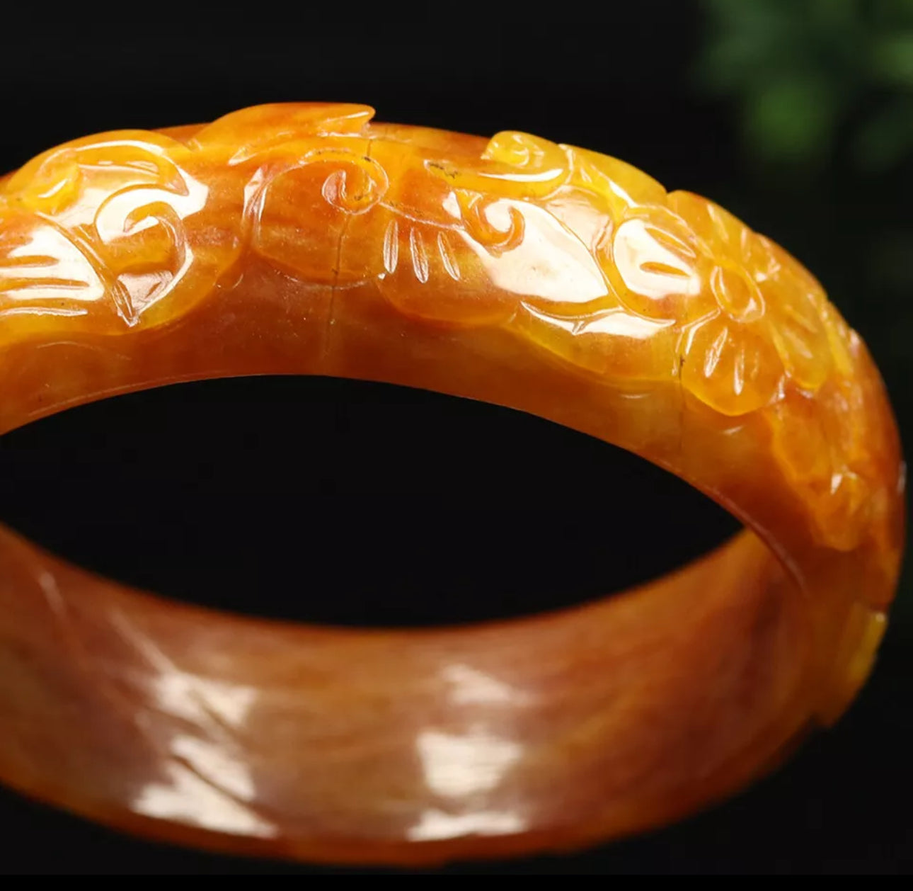 VINTAGE XXL Jadeite Yellow/Brown Jade Bangle Hand Carved Dragon Phoenix from Burma Size 68 mm M771 - JazzyJewelbyAmina
