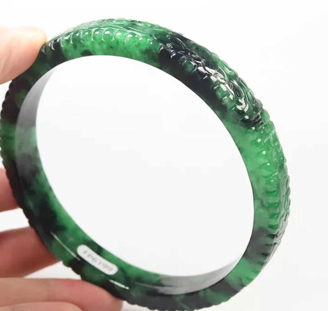 VINTAGE XXL Jadeite Green/Black Jade Bangle Size 82mm Handcarved Dragon Phoenix F451 - JazzyJewelbyAmina
