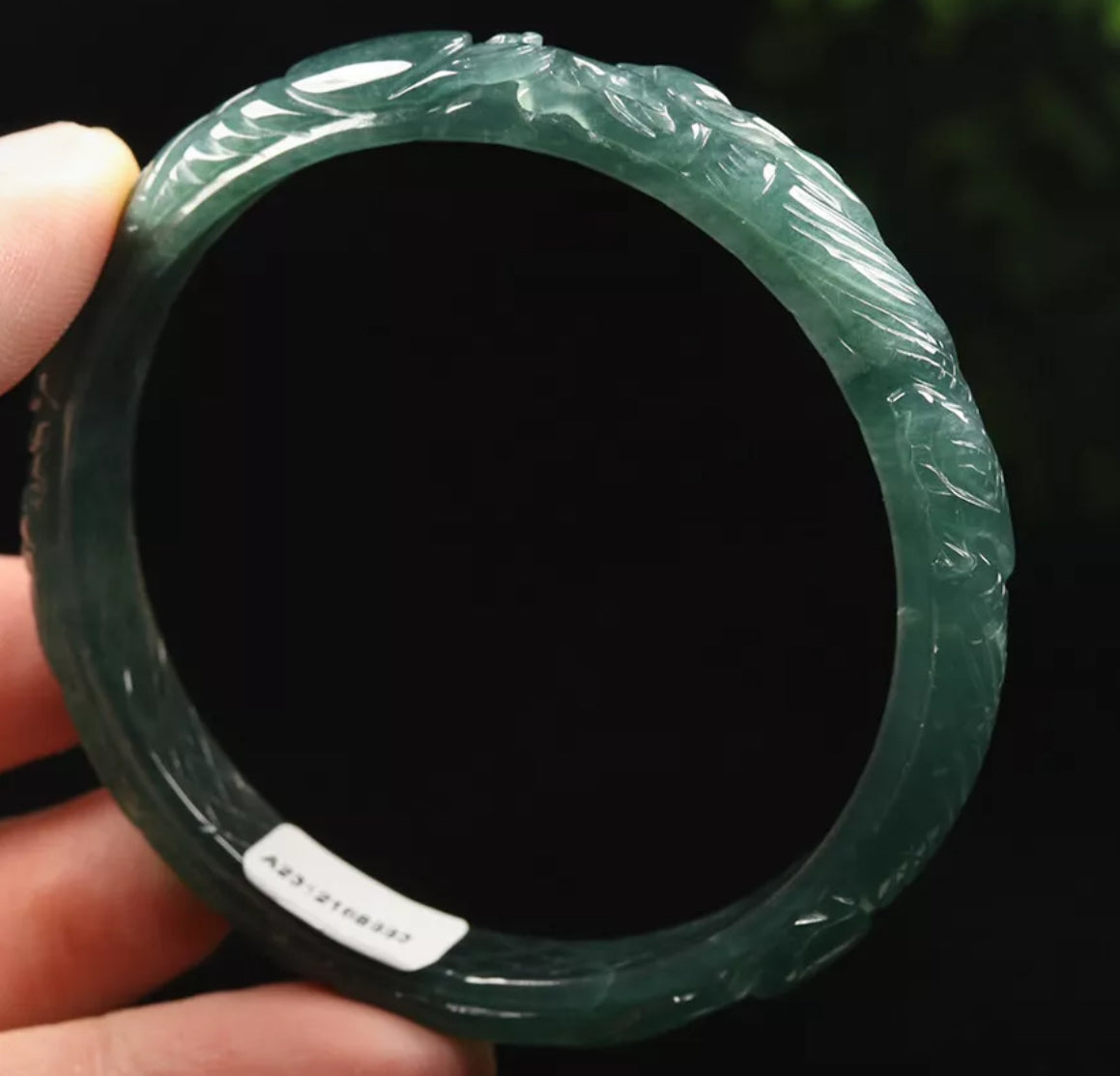 VINTAGE Large Certified Jadeite Green Jade Bangle Size 60mm HandCarved Dragone Phoenix Jade - Brings Harmony G819 - JazzyJewelbyAmina