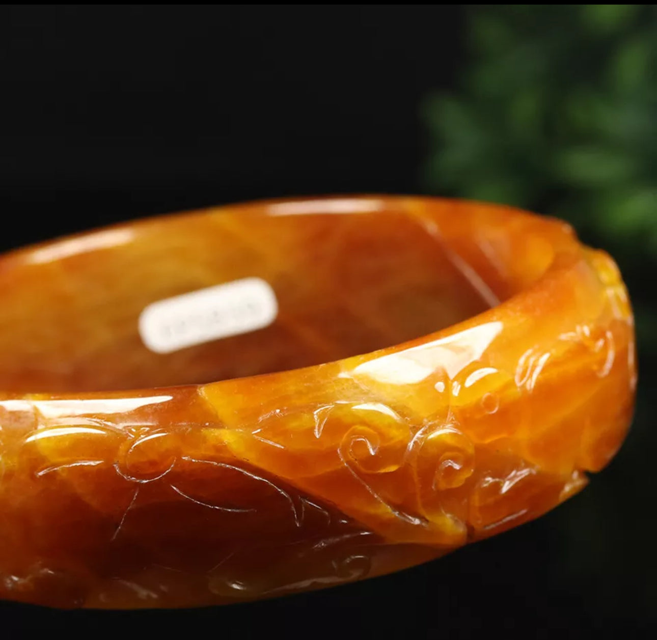 VINTAGE XXL Jadeite Yellow/Brown Jade Bangle Hand Carved Dragon Phoenix from Burma Size 68 mm M771 - JazzyJewelbyAmina