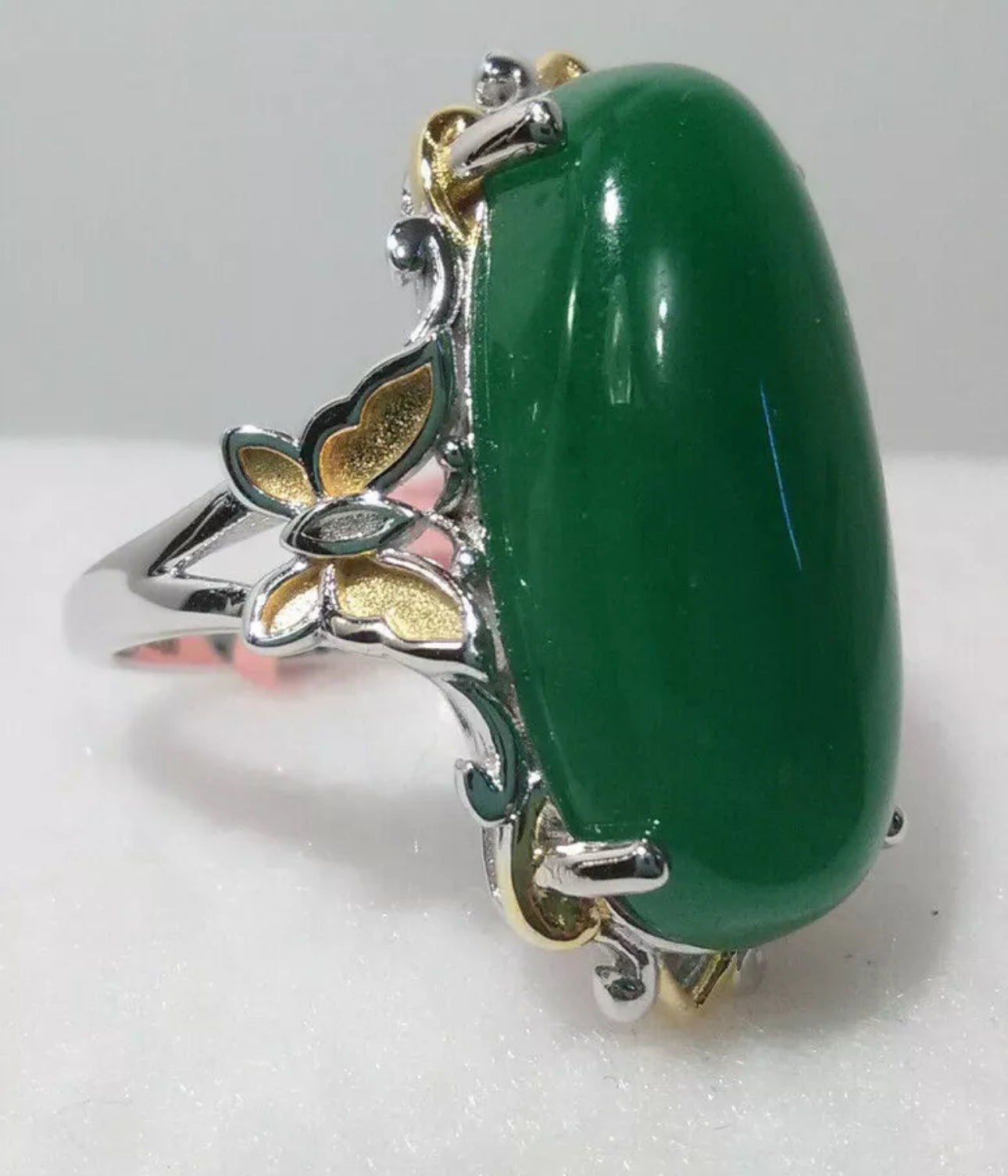 VINTAGE Jadeite Green Jade Ring Yellow Gold Vermeil Over Sterling Silver Size 5 TGW 12.65 ct - JazzyJewelbyAmina