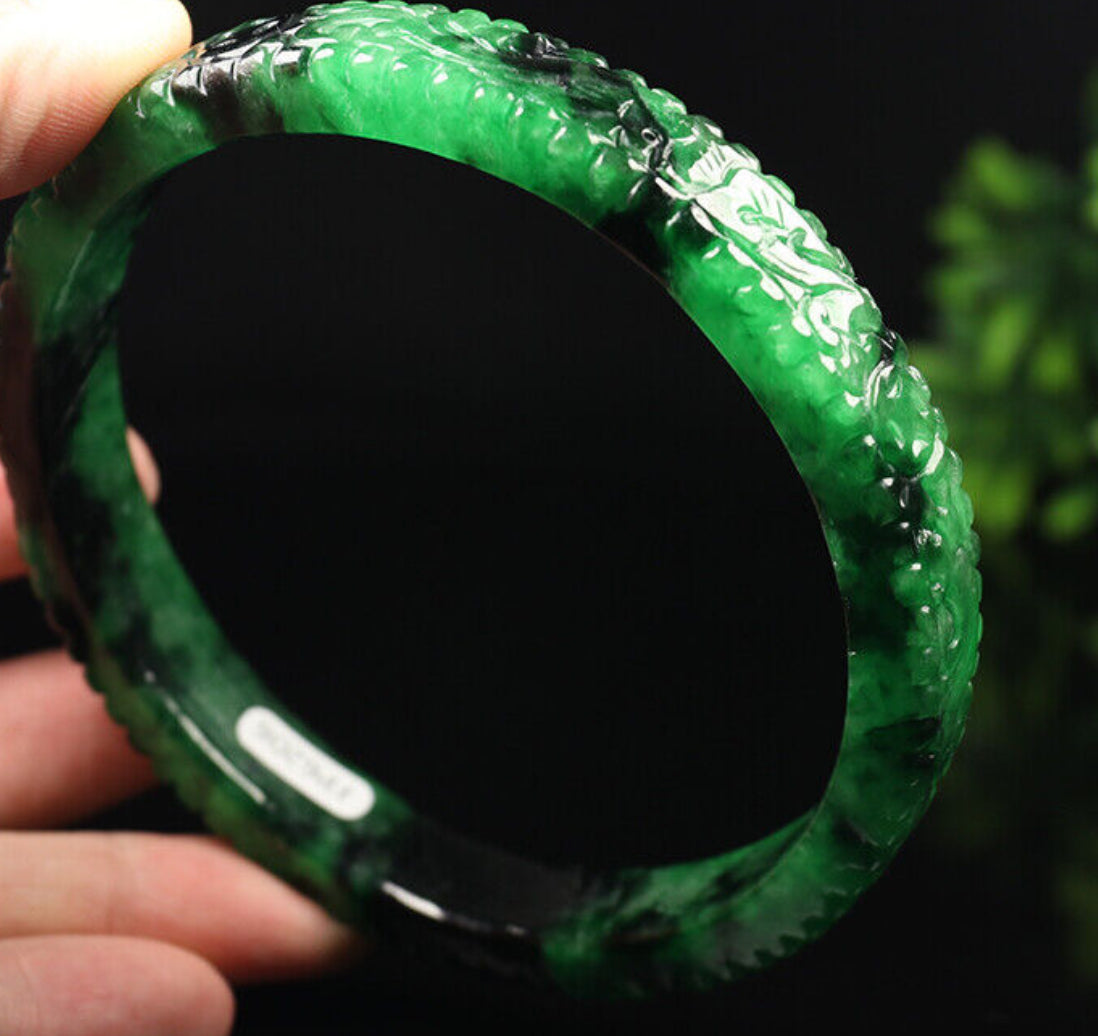 VINTAGE XXL Jadeite Green/Black Jade Bangle Size Hand-Carved Dragon Phoenix 82mm D465 Fine Jade Unique Piece! - JazzyJewelbyAmina
