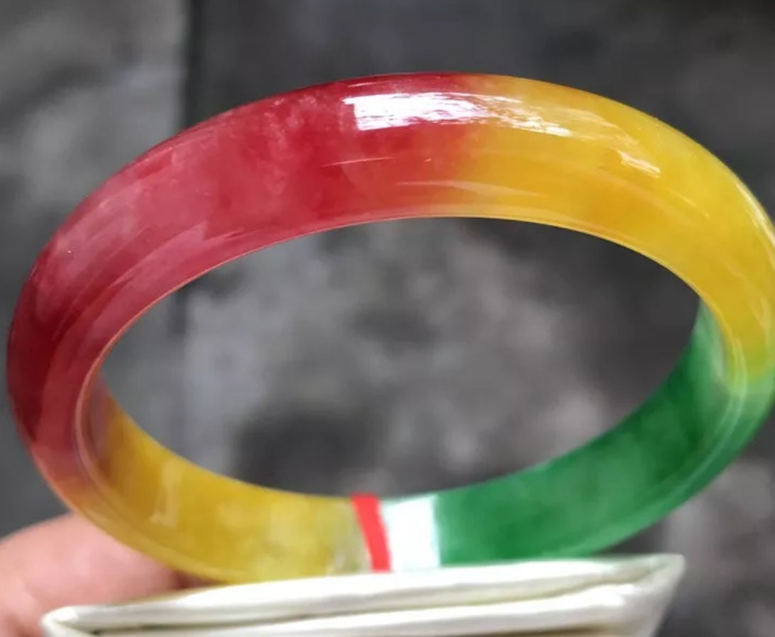 VINTAGE Large Jadeite Green/Red/Yellow Jade Bangle Size 62.8mm Unique Trio Jade Shades D191 - JazzyJewelbyAmina