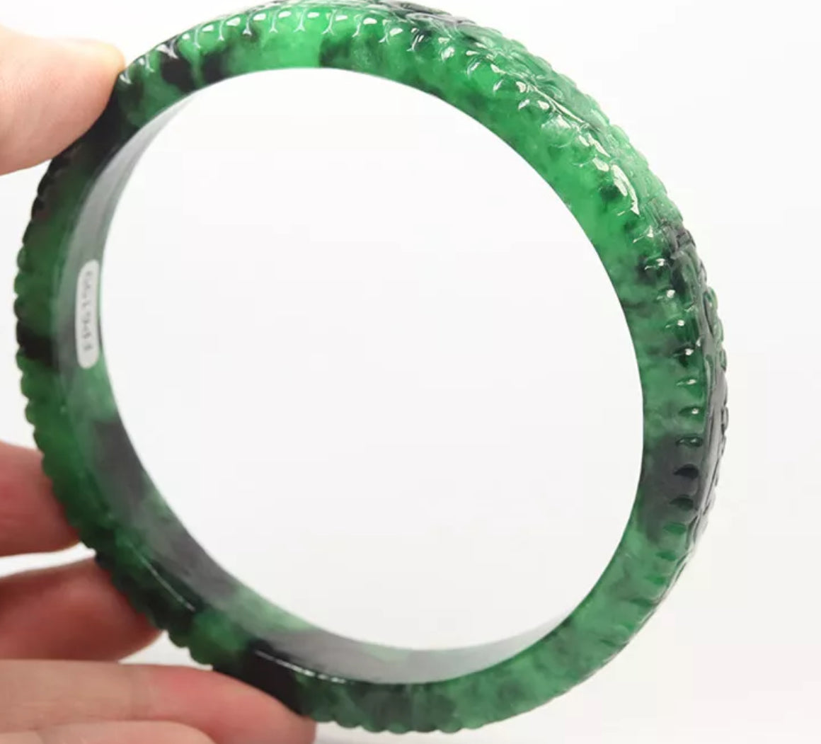 VINTAGE XXL Jadeite Green/Black Jade Bangle Size 82mm Handcarved Dragon Phoenix F451 - JazzyJewelbyAmina