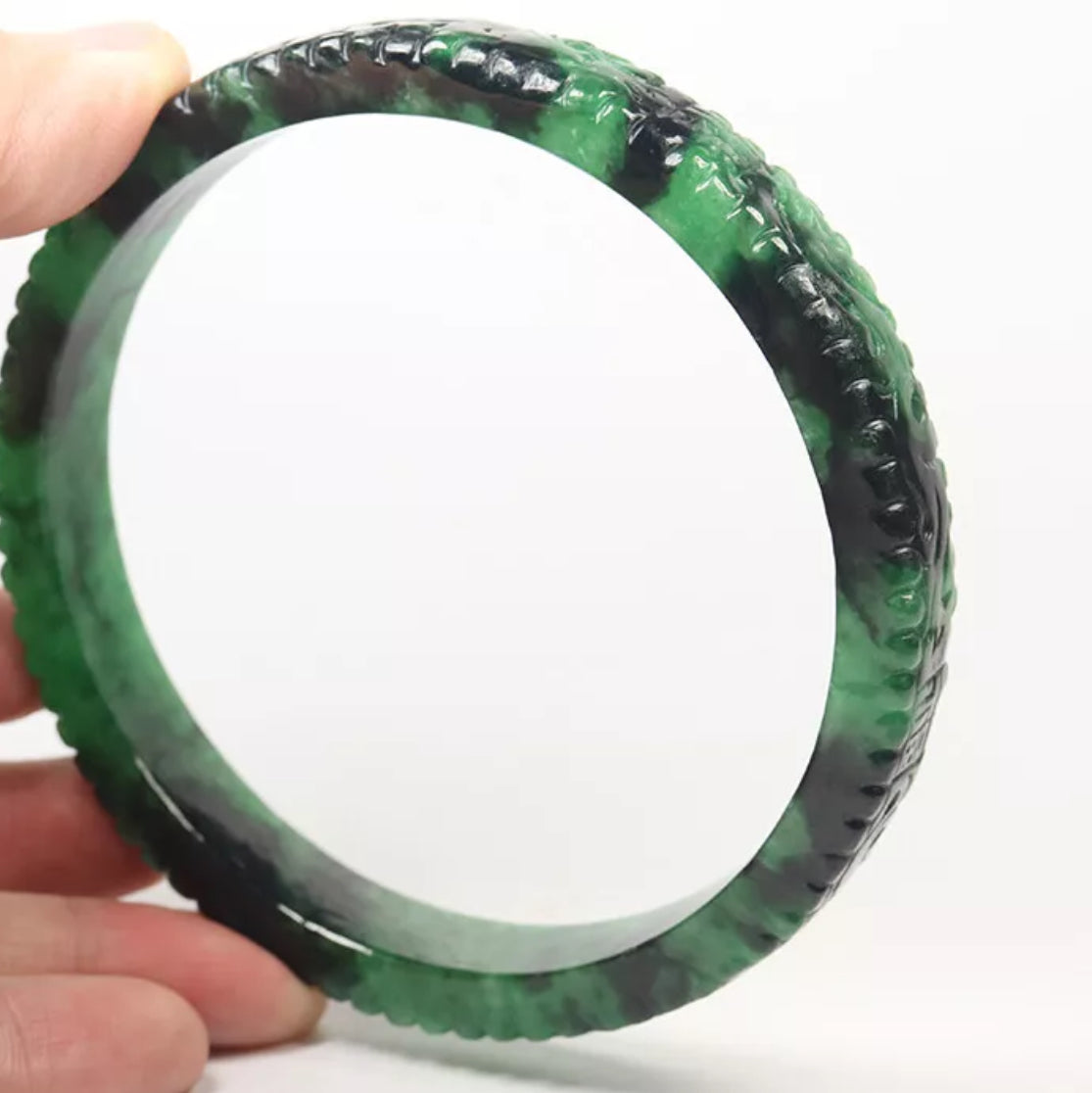 VINTAGE XXL Jadeite Green/Black Jade Bangle Size 82mm Handcarved Dragon Phoenix F451 - JazzyJewelbyAmina
