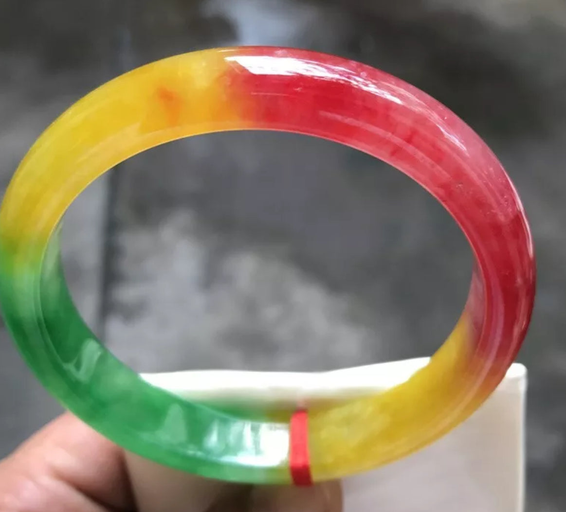 VINTAGE Large Jadeite Green/Red/Yellow Jade Bangle Size 62.8mm Unique Trio Jade Shades D191 - JazzyJewelbyAmina