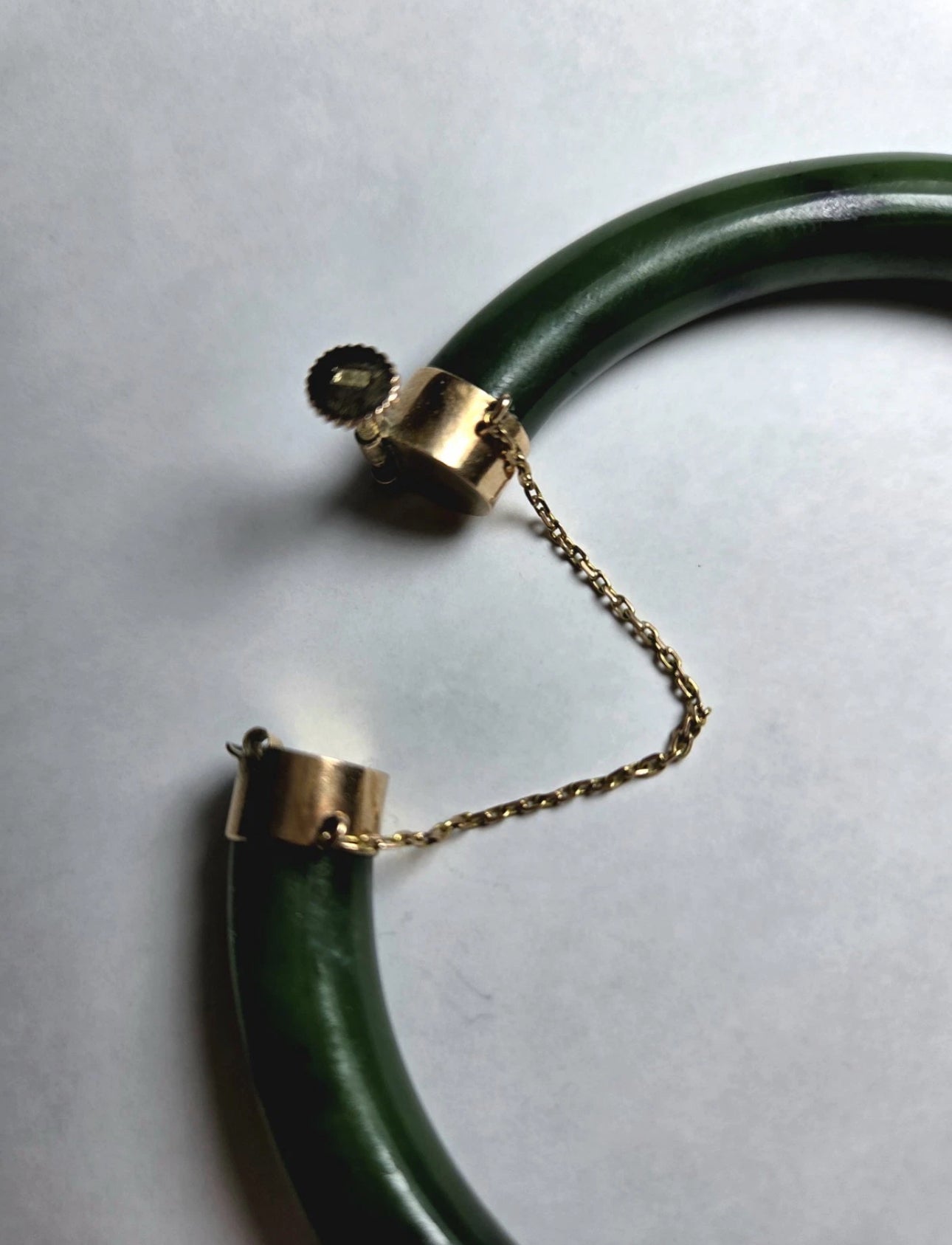 VINTAGE Owned 14K Yellow Gold Jadeite Deep Green Jade Bangle Hinged w/ Closure 7”Inner Diameter U0607 - JazzyJewelbyAmina