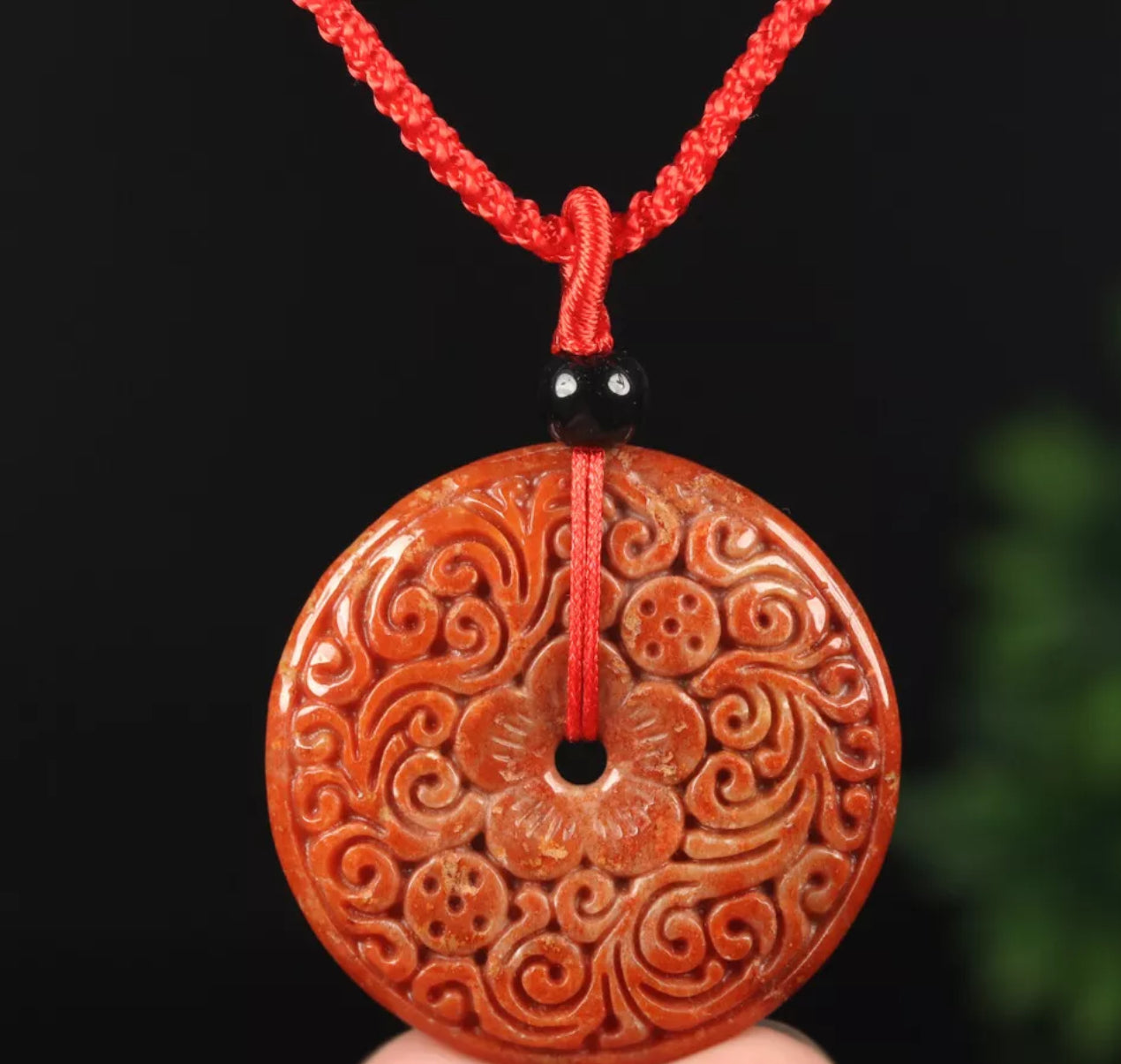 VINTAGE Jadeite Red/Brown Certified Jade Round Ruyi Flower Pendant w/ Adjustable Chord “As You Wish” J107 - JazzyJewelbyAmina