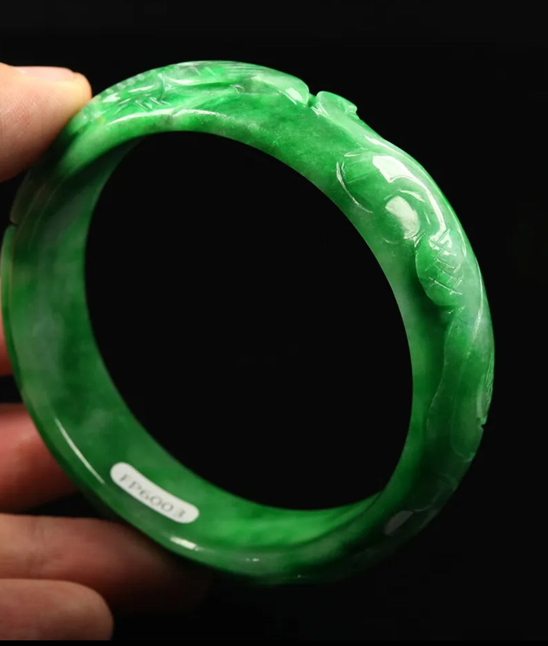 VINTAGE Large Jadeite Green Jade Bangle Hand-carved Dragon Phoenix Chinese Lunar Size 63mm M059 - JazzyJewelbyAmina