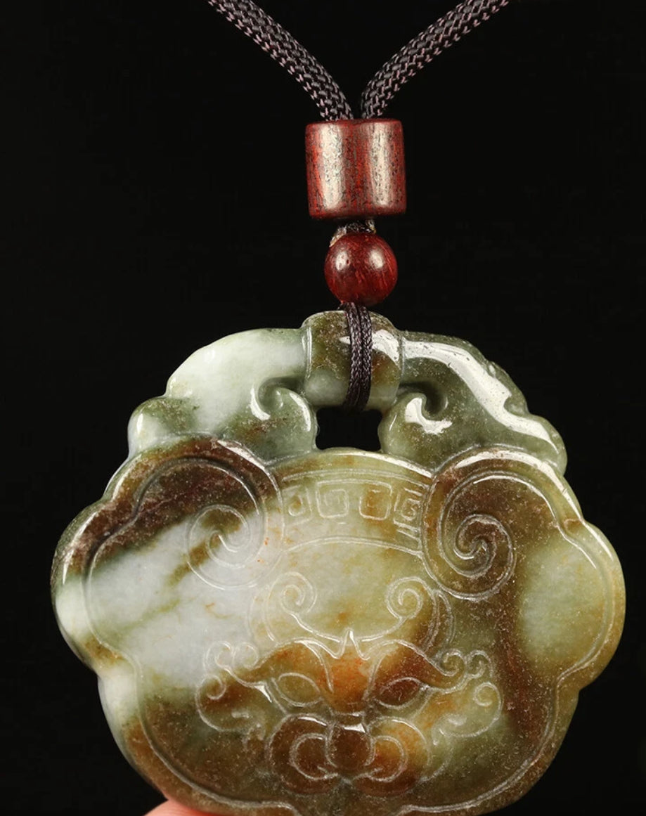 VINTAGE Jadeite Green Red Jade Pendant Handcarved Dragon Amulet w/ Adjustable Chord (removable) Certified Jade