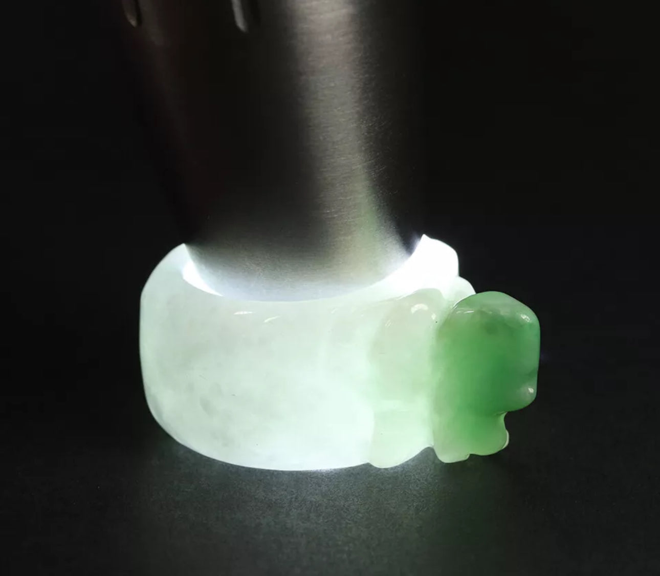 VINTAGE Medium Jadeite Green/White Jade Pixiu Certified Grade A Thumb Ring Y813 Prosperity & Protection! - JazzyJewelbyAmina