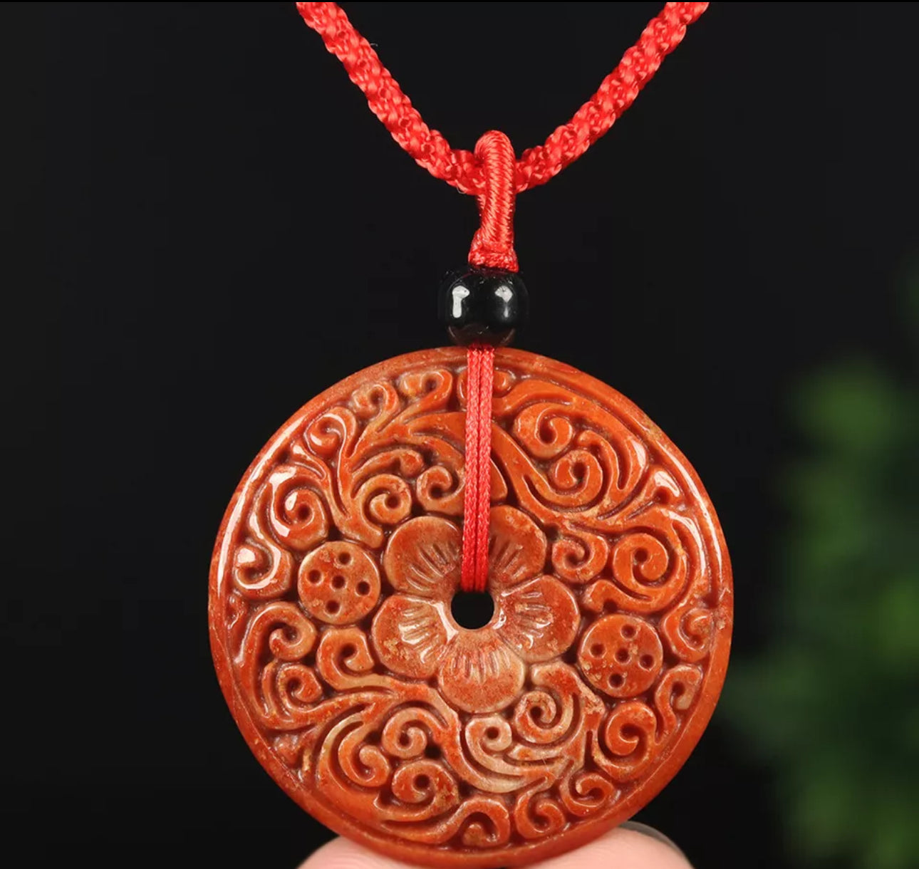 VINTAGE Jadeite Red/Brown Certified Jade Round Ruyi Flower Pendant w/ Adjustable Chord “As You Wish” J107 - JazzyJewelbyAmina