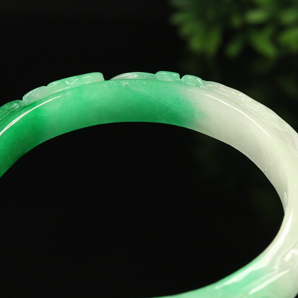 VINTAGE XL Jadeite Green/White Handcarved Bat Ruyi Lotus Jade Bangle - Ombré Jade Shades “As You Wish” Size 64mm F425 - JazzyJewelbyAmina
