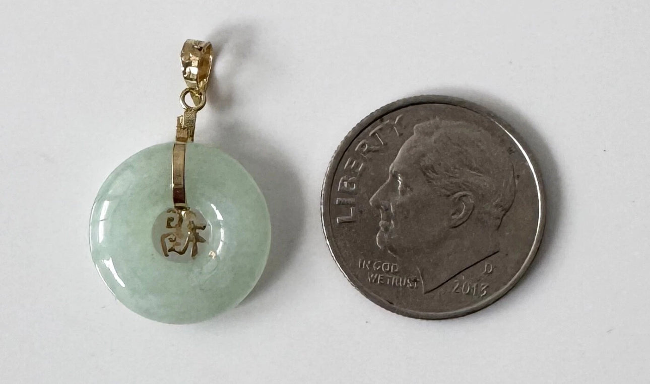 14k Yellow Gold Jadeite Green Jade Pi Disc Pendant Chinese Symbol “Good Fortune” Prosperity Piece U713