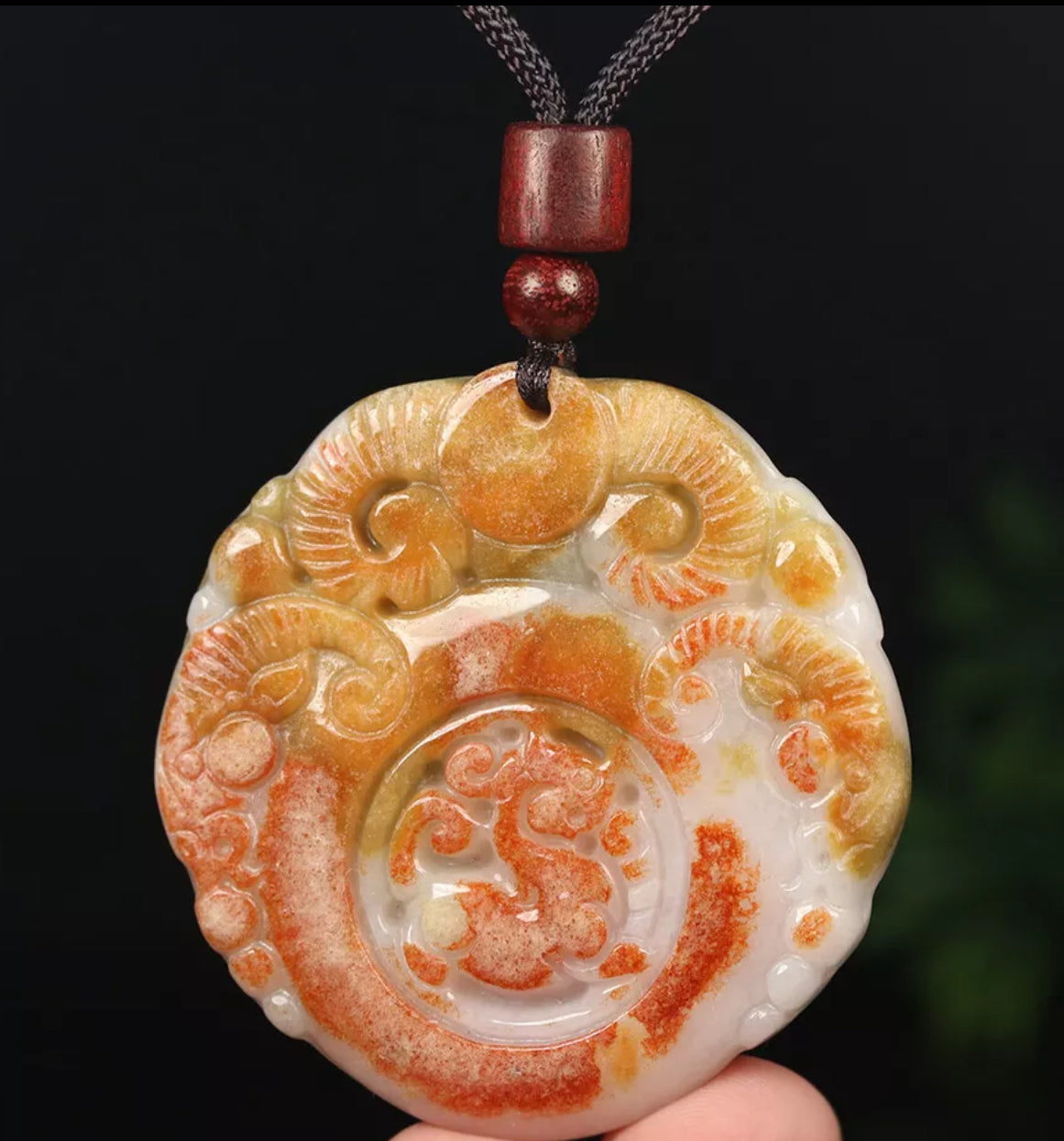 VINTAGE Red Brown Jadeite Green Jade Pendant Hand-carved Ox Dragon - Fine Unique Jade D883 - JazzyJewelbyAmina