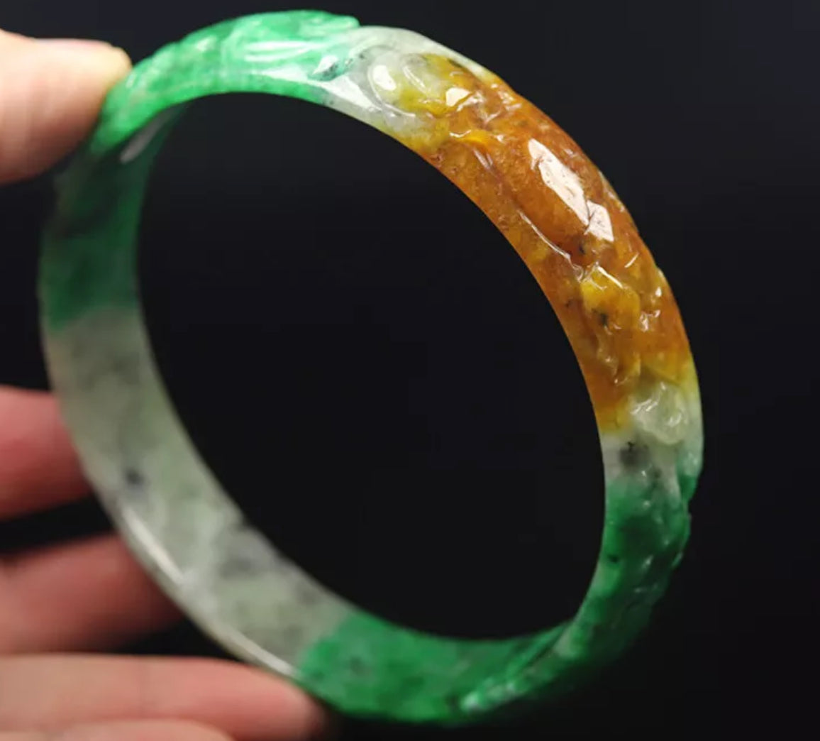 VINTAGE XXL Jadeite Green Brown Jade Handcarved Flower, Rabbit, Bird - Unique Jade Piece! Size 81mm S457 - JazzyJewelbyAmina