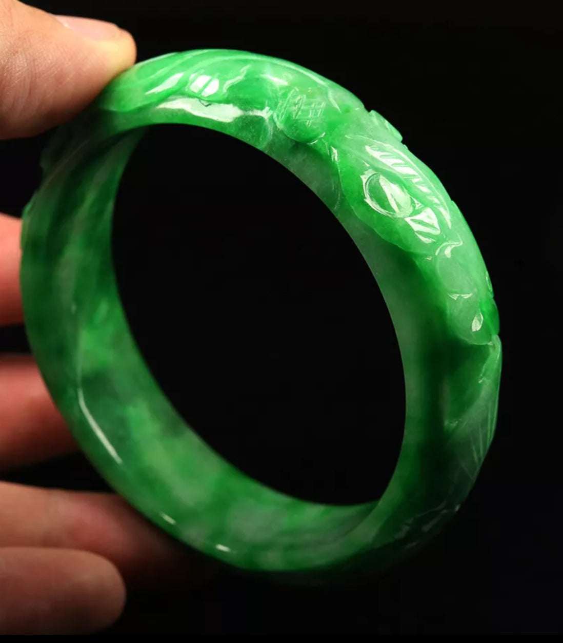 VINTAGE Large Jadeite Green Jade Bangle Hand-carved Dragon Phoenix Chinese Lunar Size 63mm M059 - JazzyJewelbyAmina