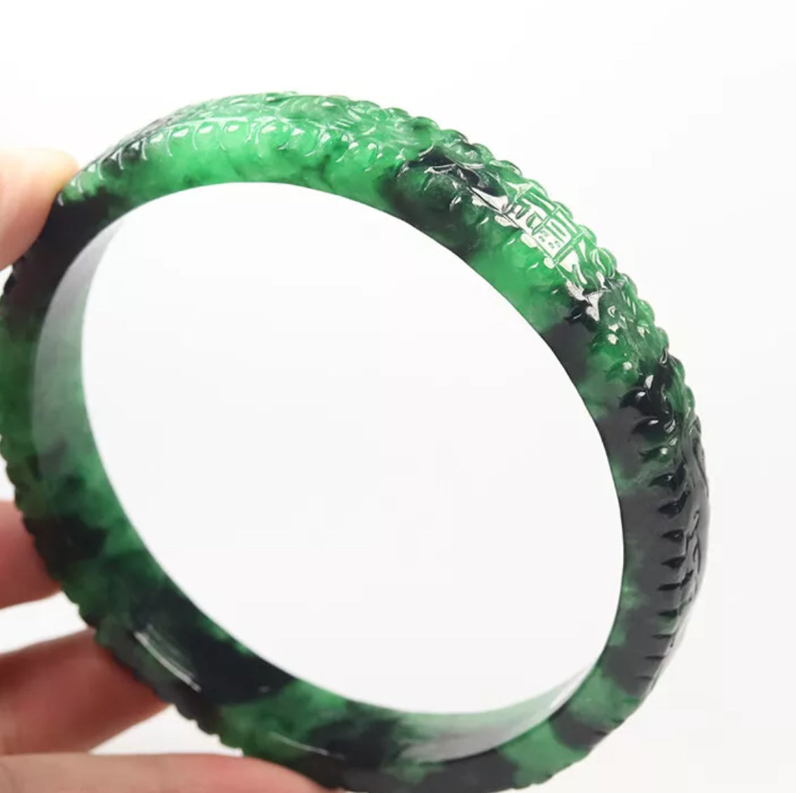 VINTAGE XXL Jadeite Green/Black Jade Bangle Size 82mm Handcarved Dragon Phoenix F451 - JazzyJewelbyAmina
