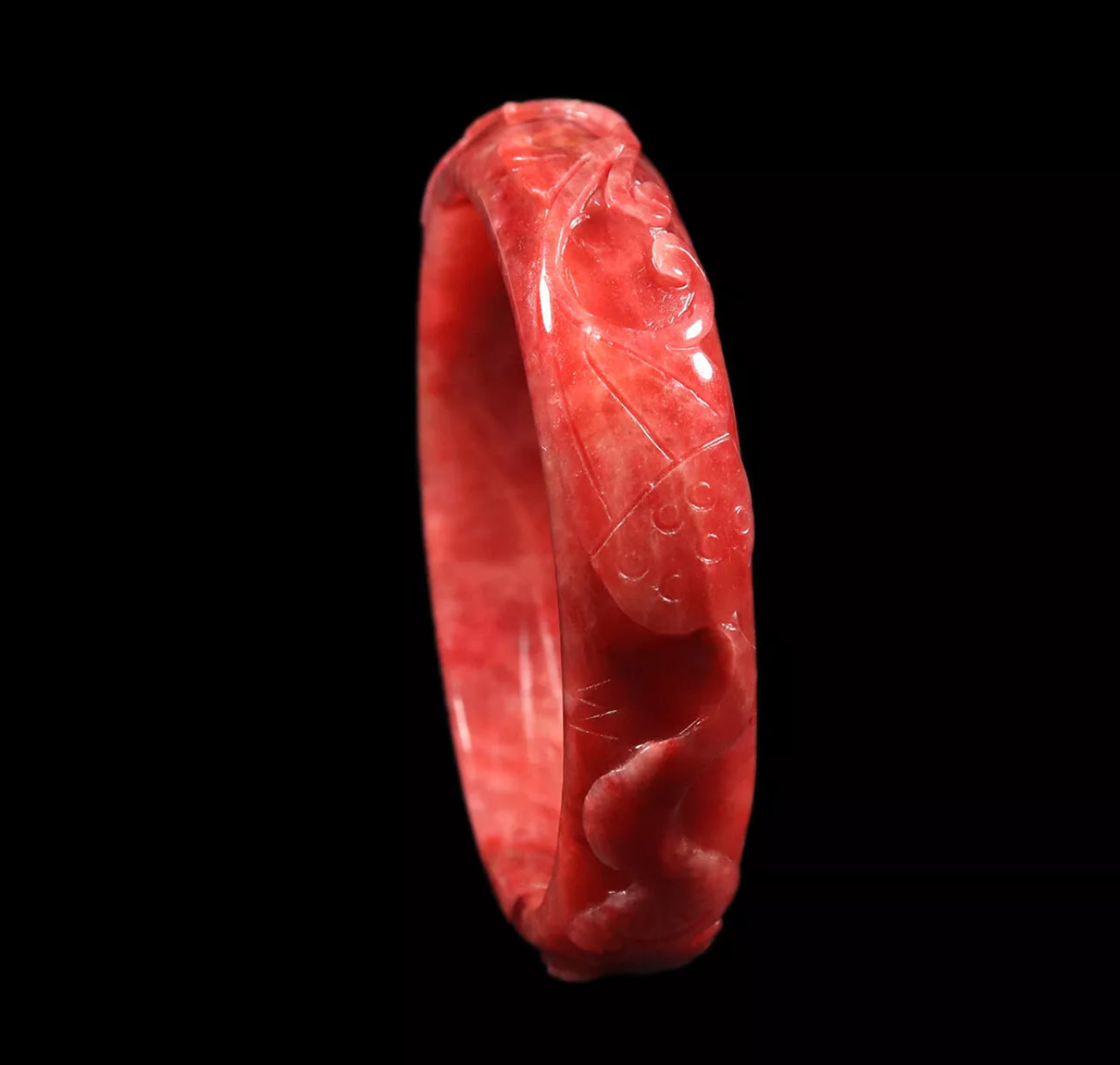 VINTAGE XL Jadeite Red Jade Bangle Size 65mm Hand Carved Ruyi Fish Lotus Flower D827 - JazzyJewelbyAmina