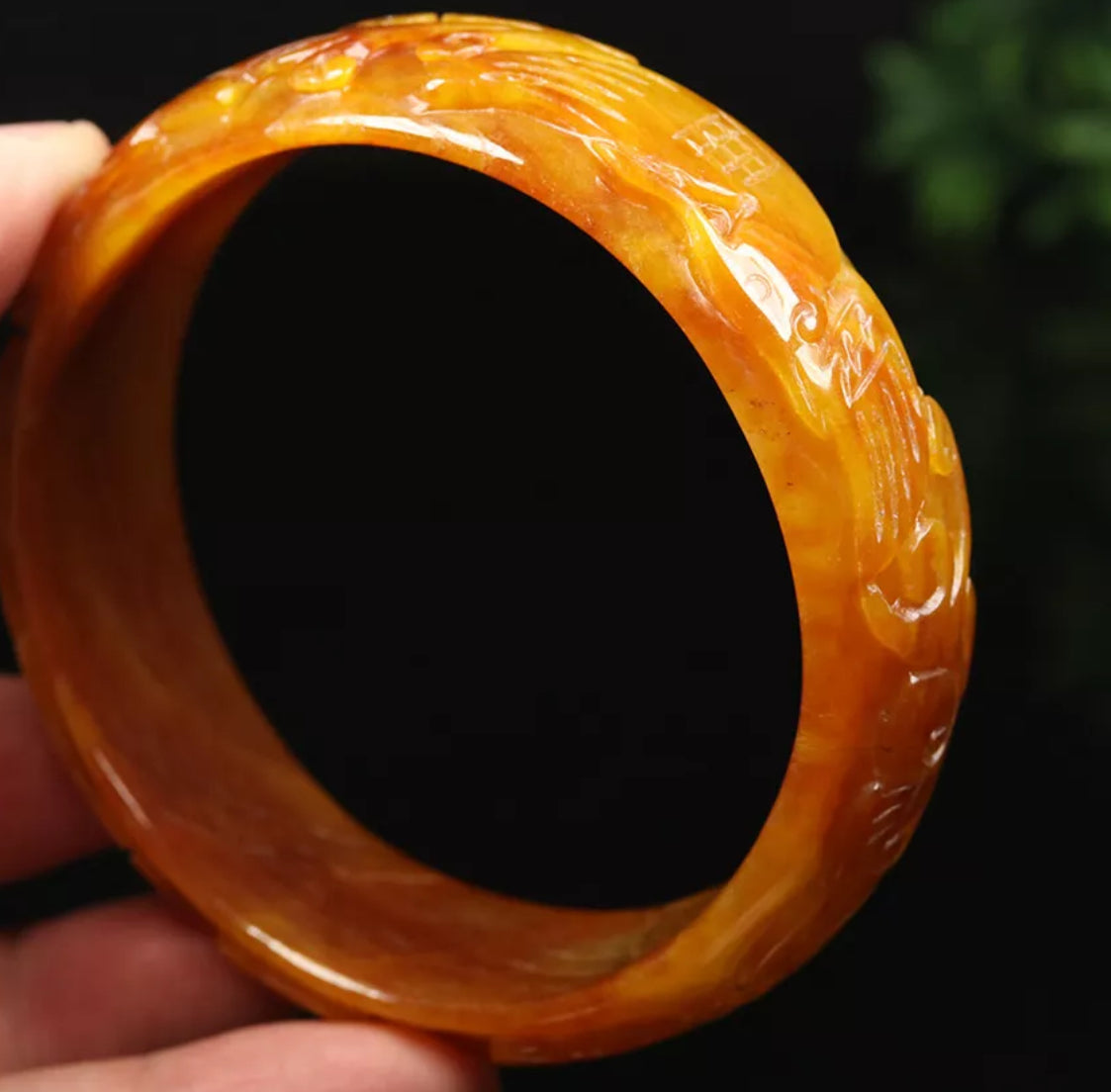 VINTAGE XXL Jadeite Yellow/Brown Jade Bangle Hand Carved Dragon Phoenix from Burma Size 68 mm M771 - JazzyJewelbyAmina