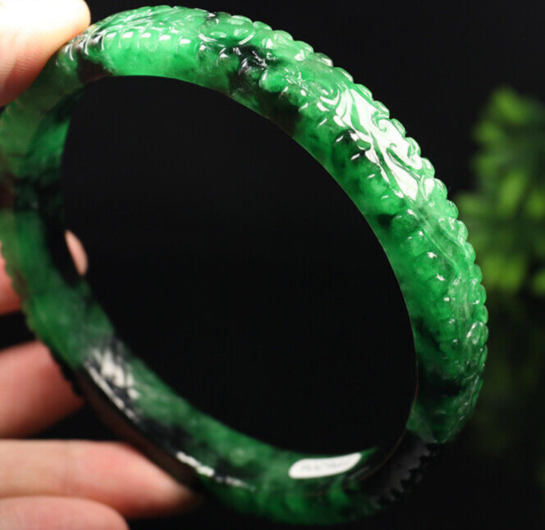 VINTAGE XXL Jadeite Green/Black Jade Bangle Size Hand-Carved Dragon Phoenix 82mm D465 Fine Jade Unique Piece! - JazzyJewelbyAmina