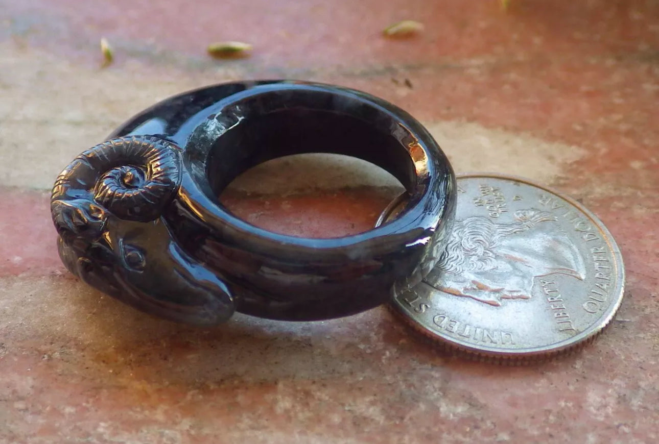 VINTAGE Jadeite Black Jade Ring HandCarved Ram/Sheep Certified Size 9 US M279 - JazzyJewelbyAmina