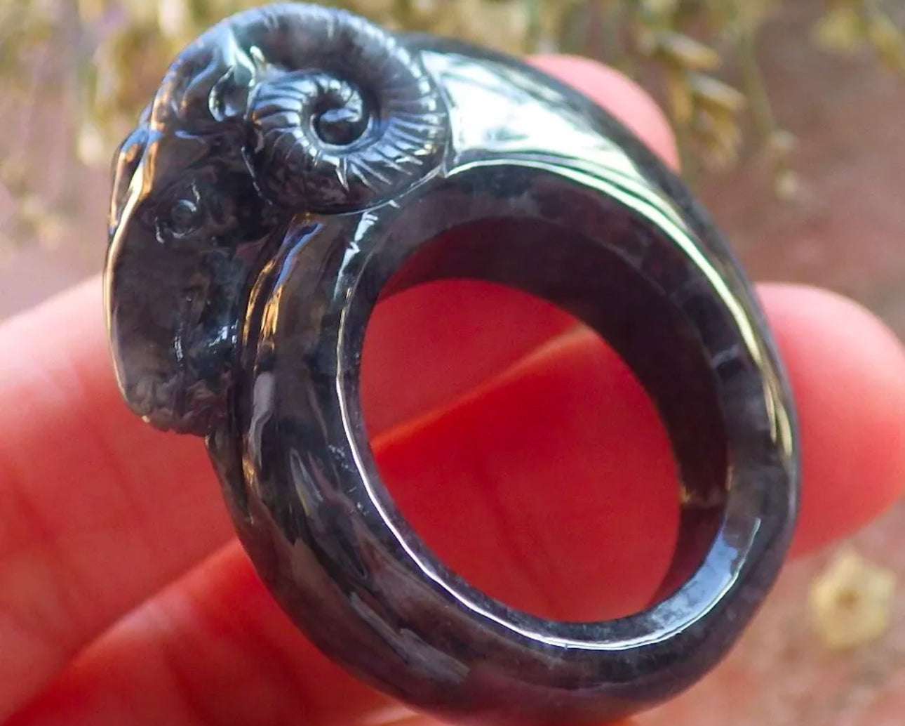 VINTAGE Jadeite Black Jade Ring HandCarved Ram/Sheep Certified Size 9 US M279 - JazzyJewelbyAmina