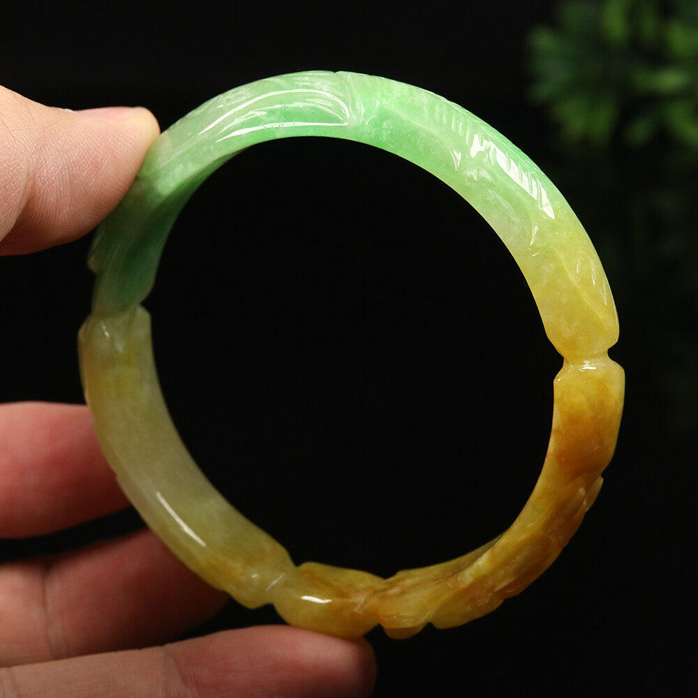 VINTAGE Large Jadeite Brown/Emerald Green Handcarved Dragon Phoenix Size 60mm J955