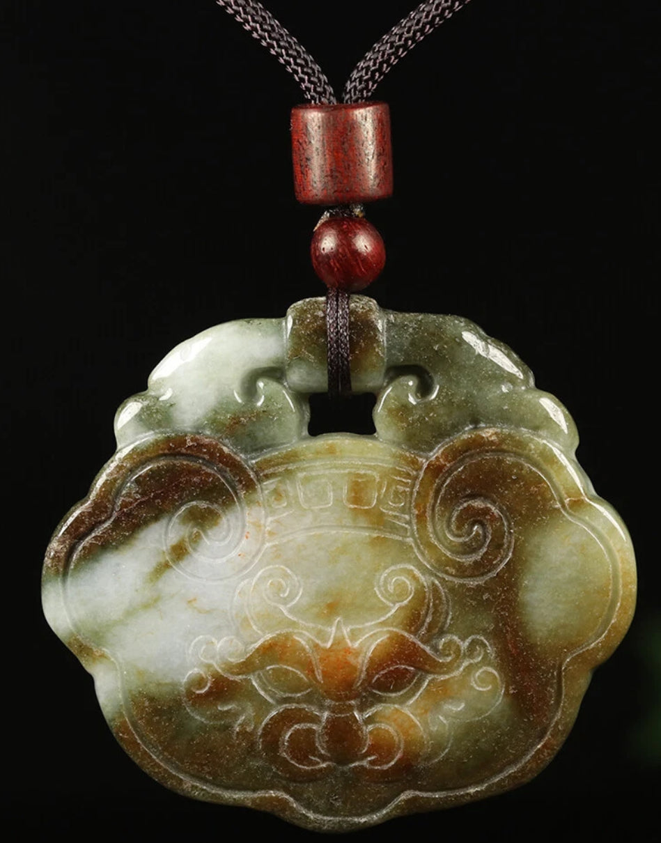 VINTAGE Jadeite Green Red Jade Pendant Handcarved Dragon Amulet w/ Adjustable Chord (removable) Certified Jade
