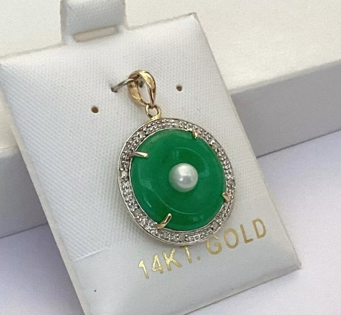 VINTAGE Jade Green Round Pi Disc Pendant 14k Yellow Gold (Stamped) w/ Diamond Detail & Pearl - JazzyJewelbyAmina