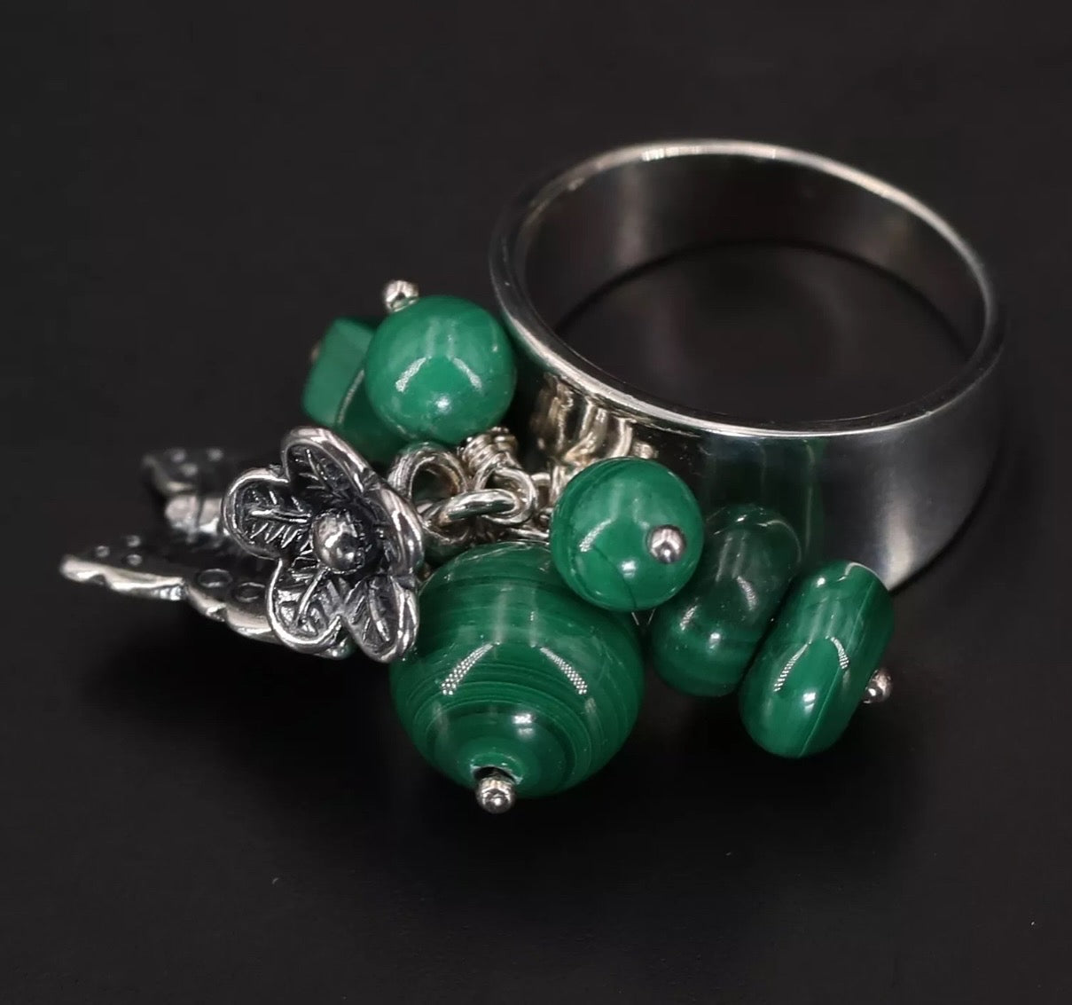 VINTAGE Sterling Silver (marked 925) Malachite Butterfly Charm Ring Size 8US - JazzyJewelbyAmina