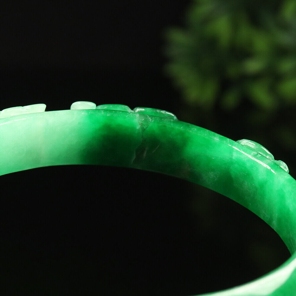 VINTAGE XL Jadeite Green/White Handcarved Bat Ruyi Lotus Jade Bangle - Ombré Jade Shades “As You Wish” Size 64mm F425 - JazzyJewelbyAmina