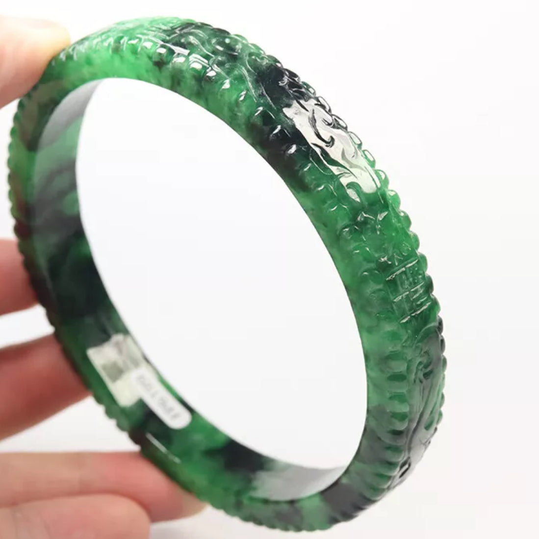 VINTAGE XXL Jadeite Green/Black Jade Bangle Size 82mm Handcarved Dragon Phoenix F451 - JazzyJewelbyAmina