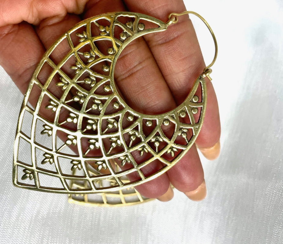 Handmade Boho Brass Tear Drop Shaped Dangle Earrings - Oversized - JazzyJewelbyAmina