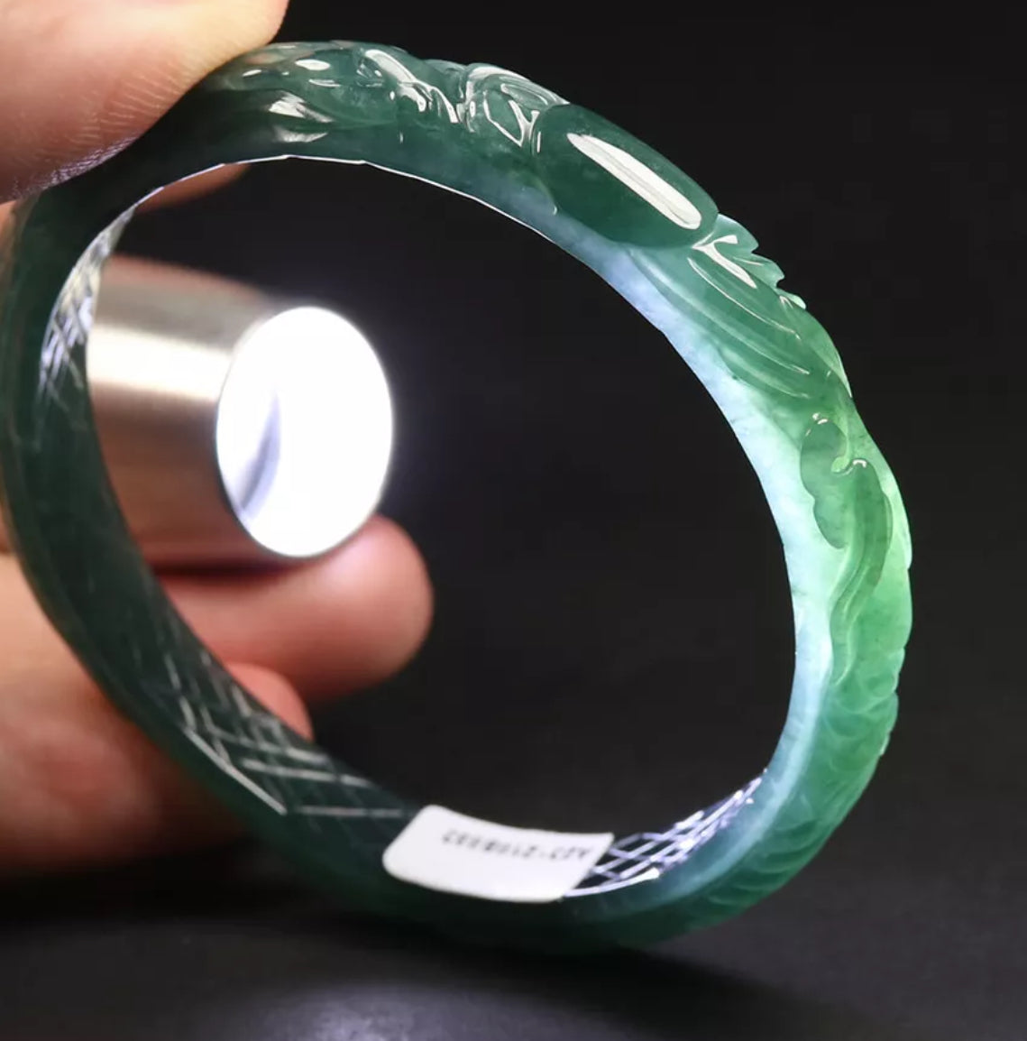 VINTAGE Large Certified Jadeite Green Jade Bangle Size 60mm HandCarved Dragone Phoenix Jade - Brings Harmony G819 - JazzyJewelbyAmina