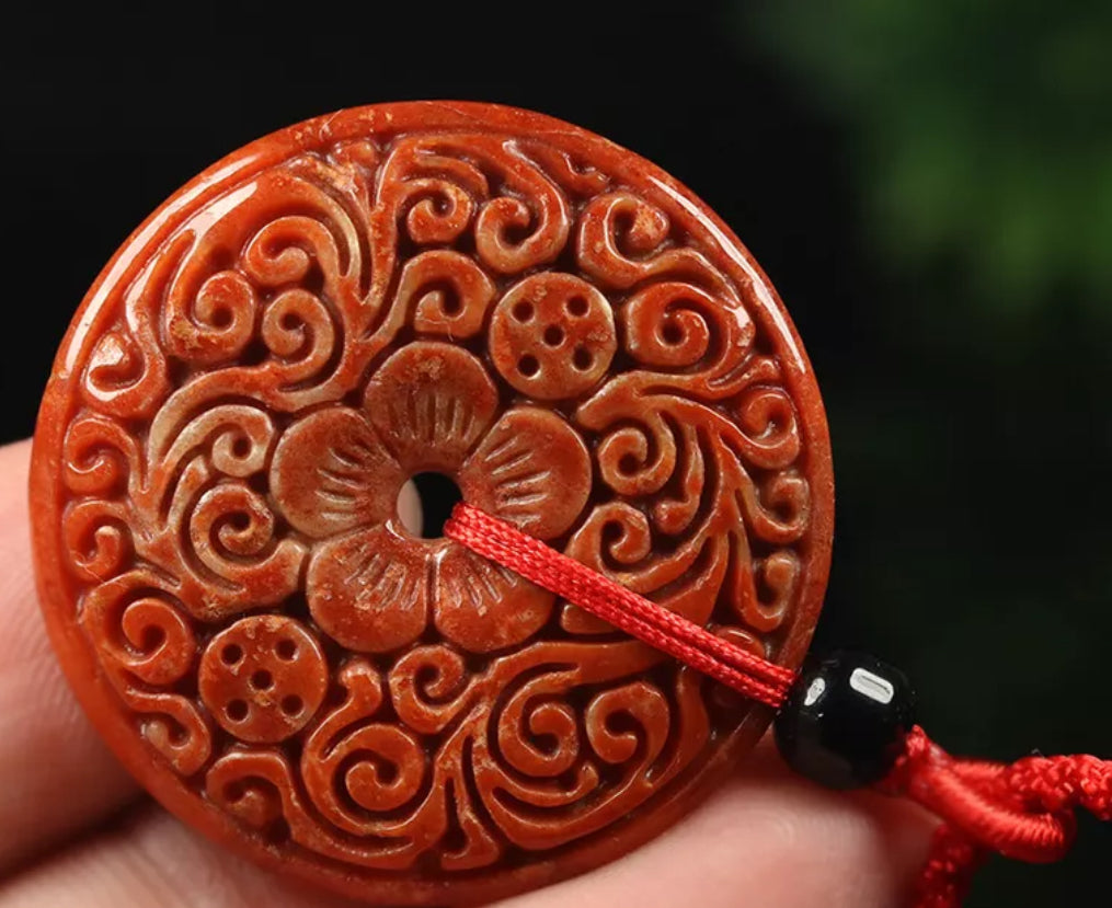 VINTAGE Jadeite Red/Brown Certified Jade Round Ruyi Flower Pendant w/ Adjustable Chord “As You Wish” J107 - JazzyJewelbyAmina