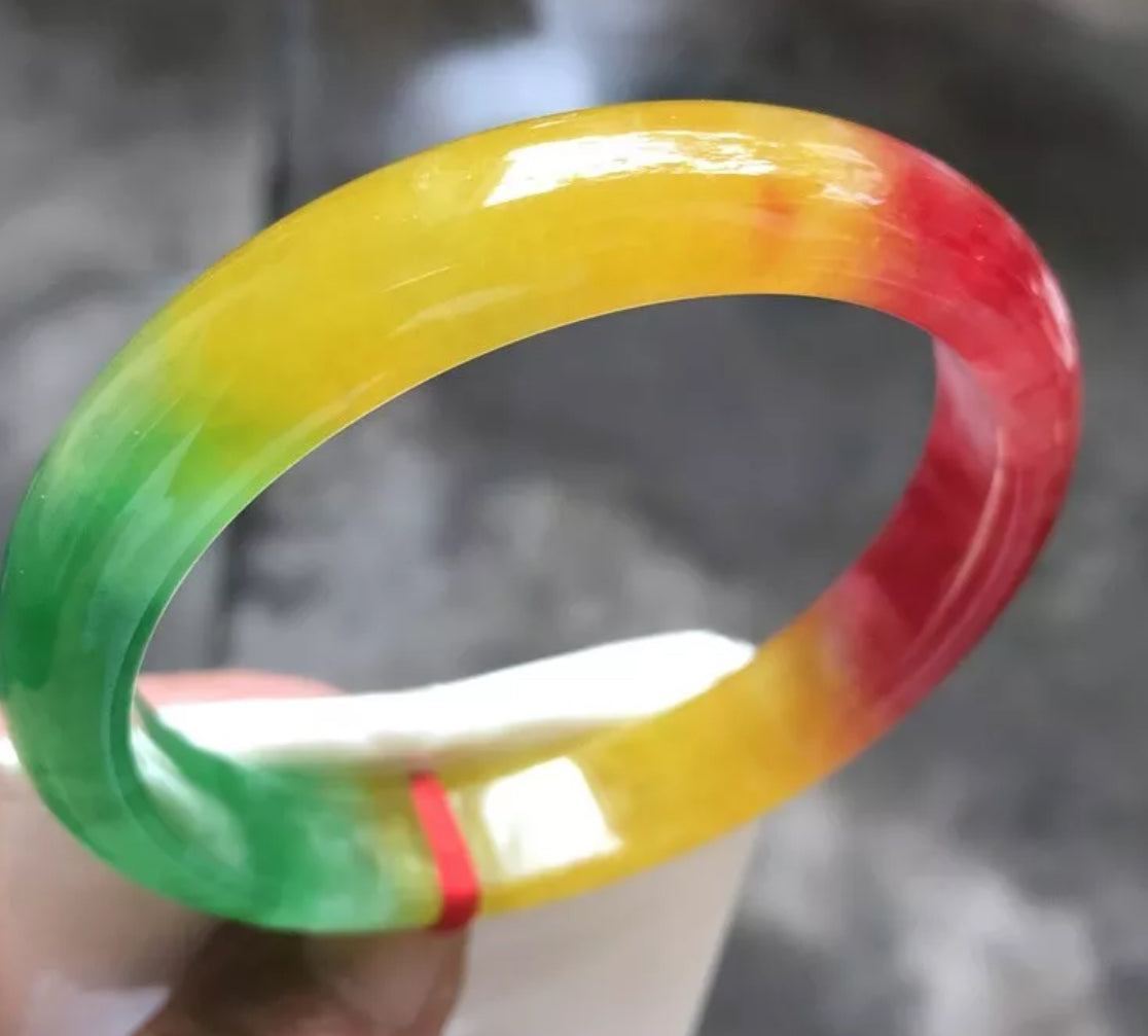 VINTAGE Large Jadeite Green/Red/Yellow Jade Bangle Size 62.8mm Unique Trio Jade Shades D191 - JazzyJewelbyAmina