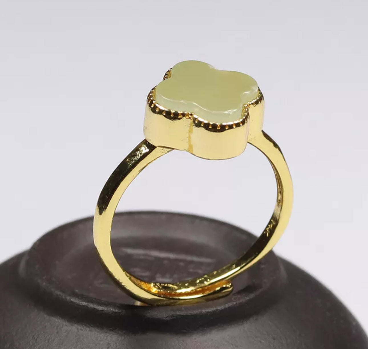 Certified Green Nephrite Jade Clover Ring Adjustable Good Plated Band - Prosperity Piece! - JazzyJewelbyAmina