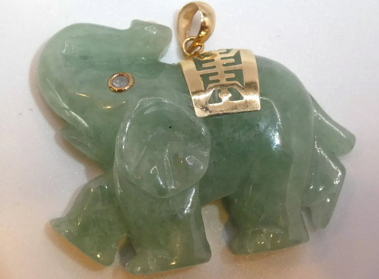 VINTAGE Jadeite Green Jade Elephant 14k Yellow Gold w/ Diamond Eye Pendant - Fine Jade Piece - JazzyJewelbyAmina