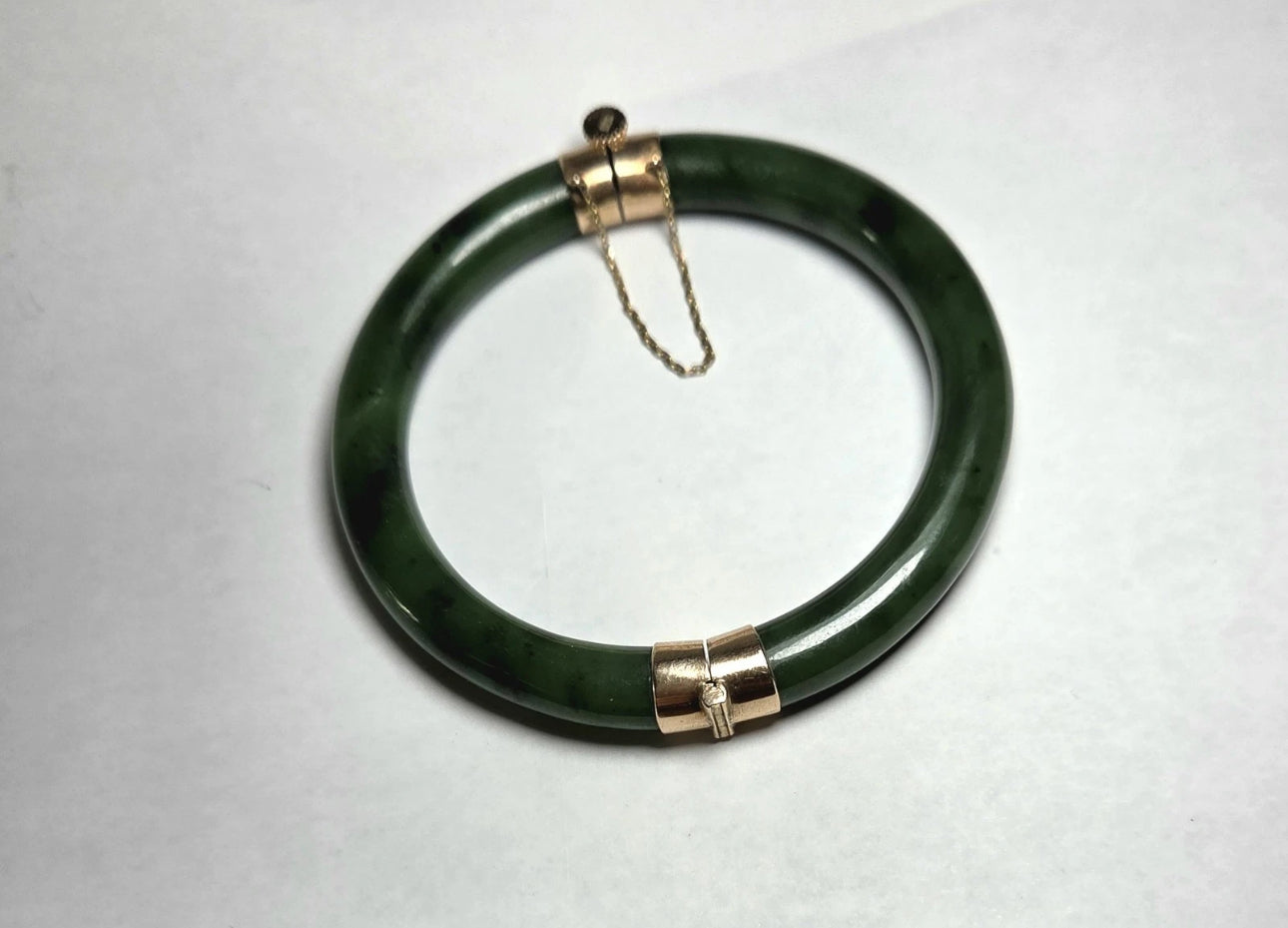 VINTAGE Owned 14K Yellow Gold Jadeite Deep Green Jade Bangle Hinged w/ Closure 7”Inner Diameter U0607 - JazzyJewelbyAmina