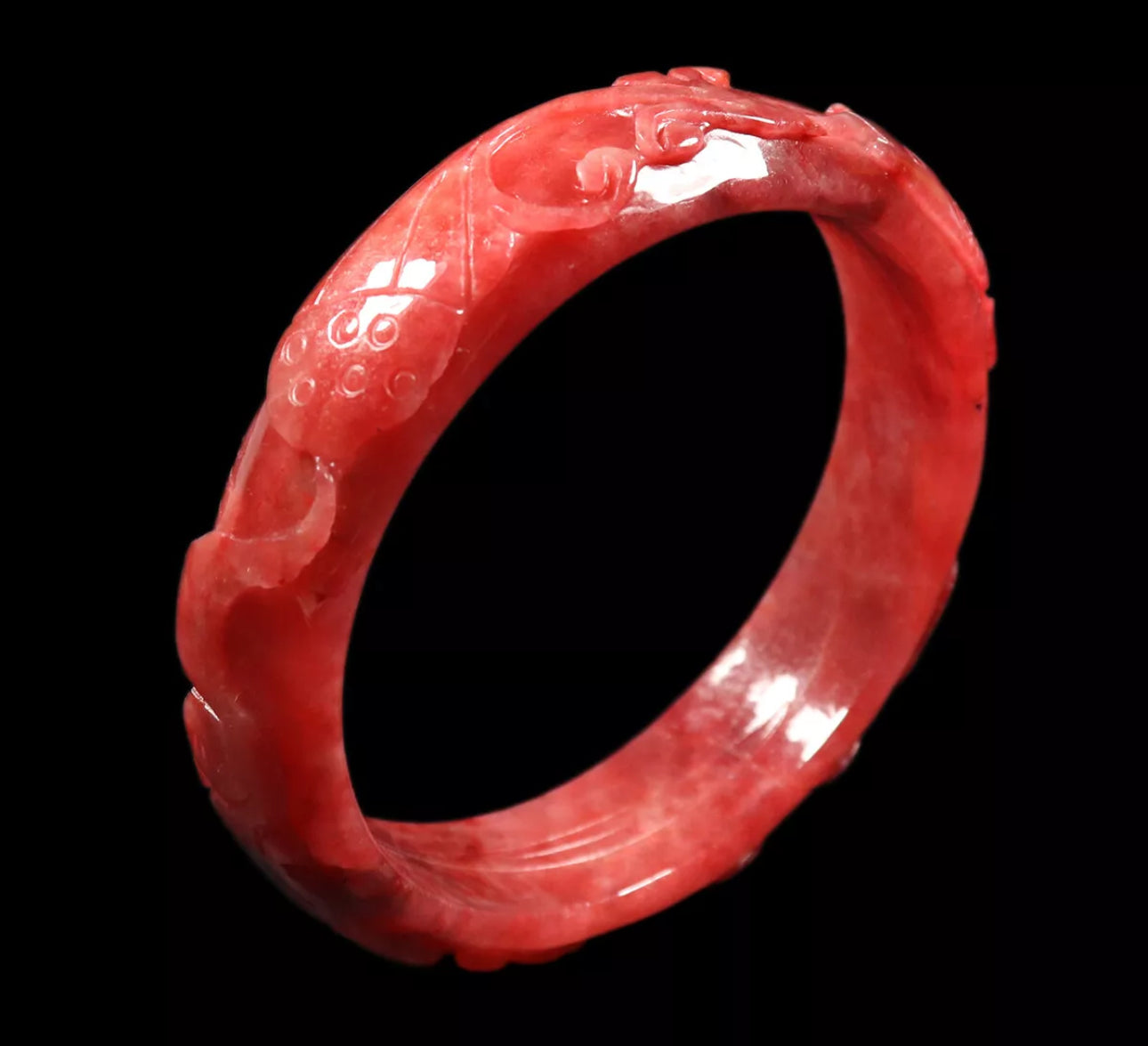 VINTAGE XL Jadeite Red Jade Bangle Size 65mm Hand Carved Ruyi Fish Lotus Flower D827 - JazzyJewelbyAmina