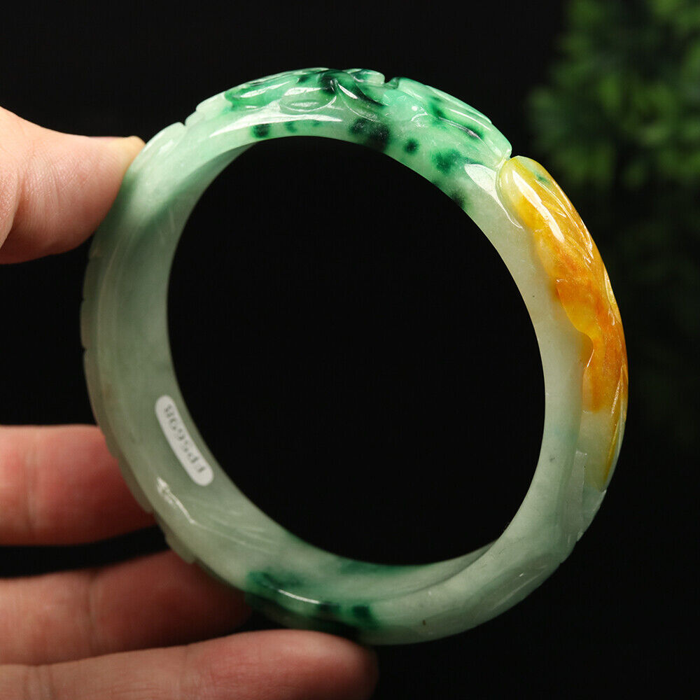 VINTAGE XXL Jadeite Green/Yelloe/White Handcarved Bangle Dragon Lotus Ruyi A449 - JazzyJewelbyAmina
