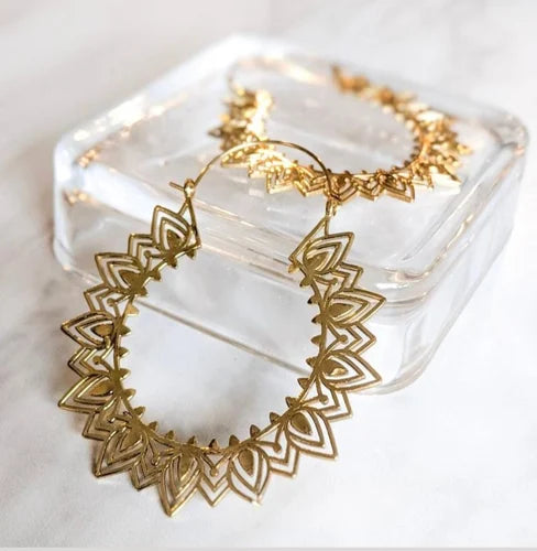 BOHO Gold Brass Earrings “Sanur” Bali Inspired Mandala Hoops - JazzyJewelbyAmina