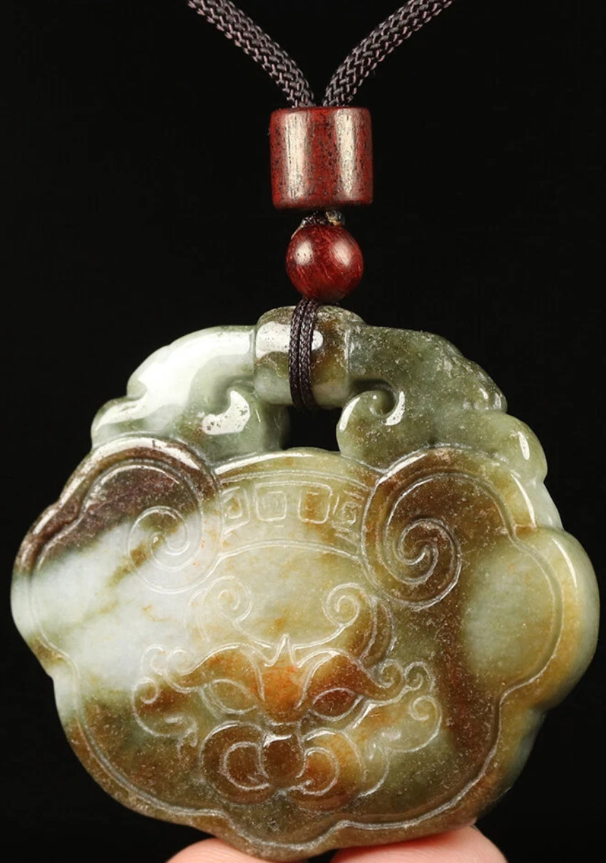 VINTAGE Jadeite Green Red Jade Pendant Handcarved Dragon Amulet w/ Adjustable Chord (removable) Certified Jade