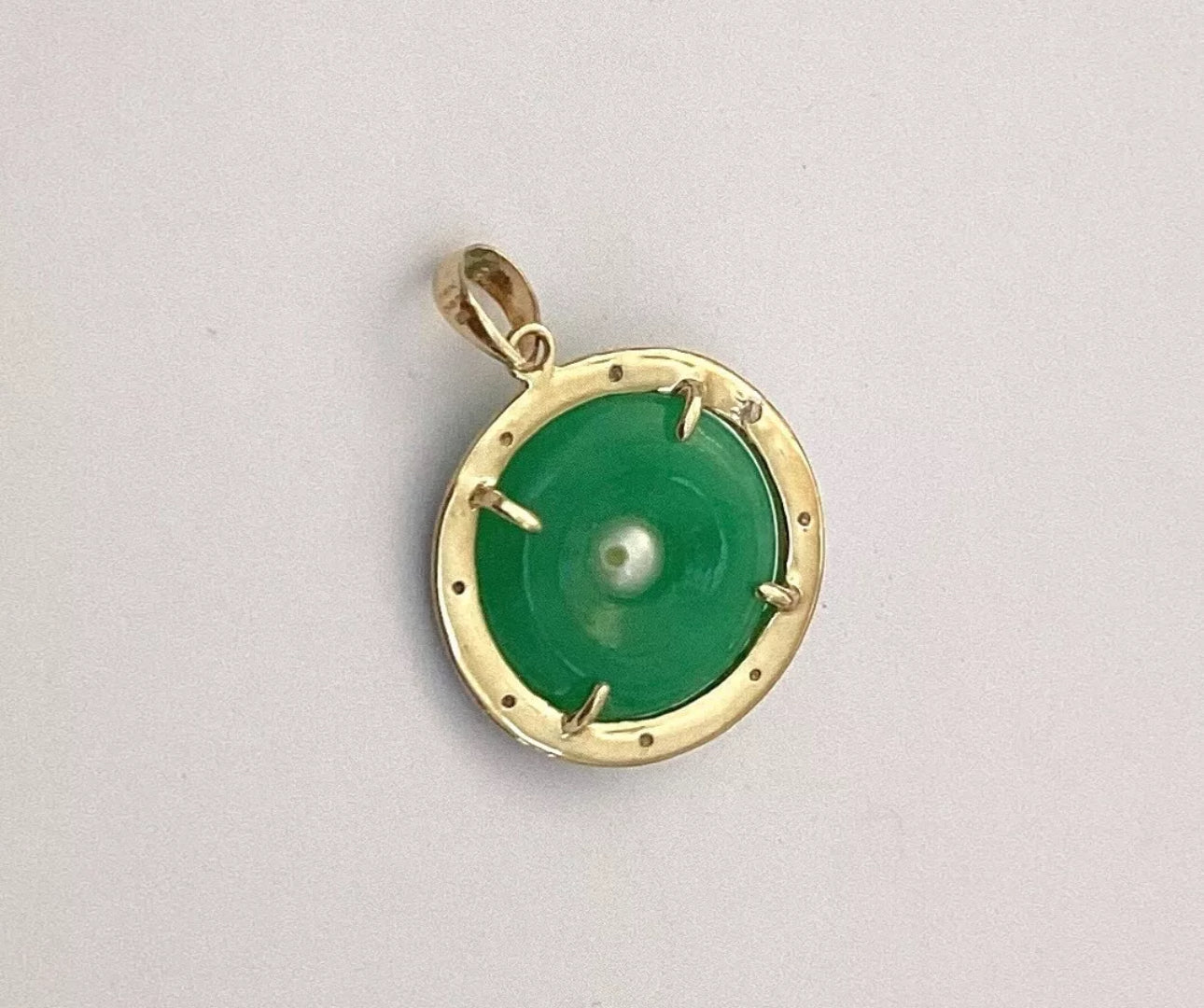 VINTAGE Jade Green Round Pi Disc Pendant 14k Yellow Gold (Stamped) w/ Diamond Detail & Pearl - JazzyJewelbyAmina
